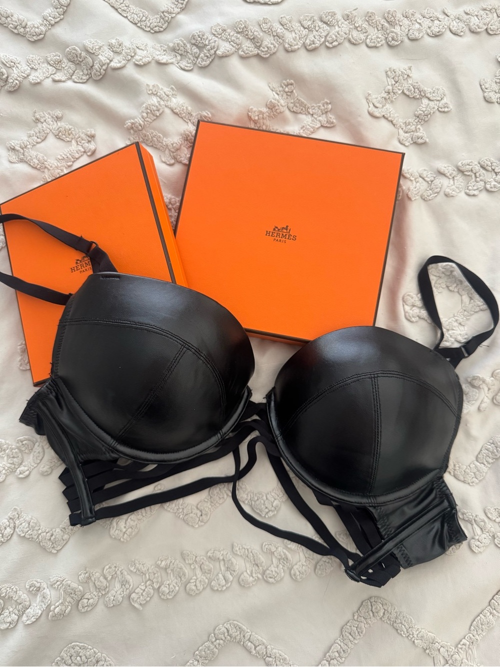 Black Leather Strapped Push Up Bra 36C